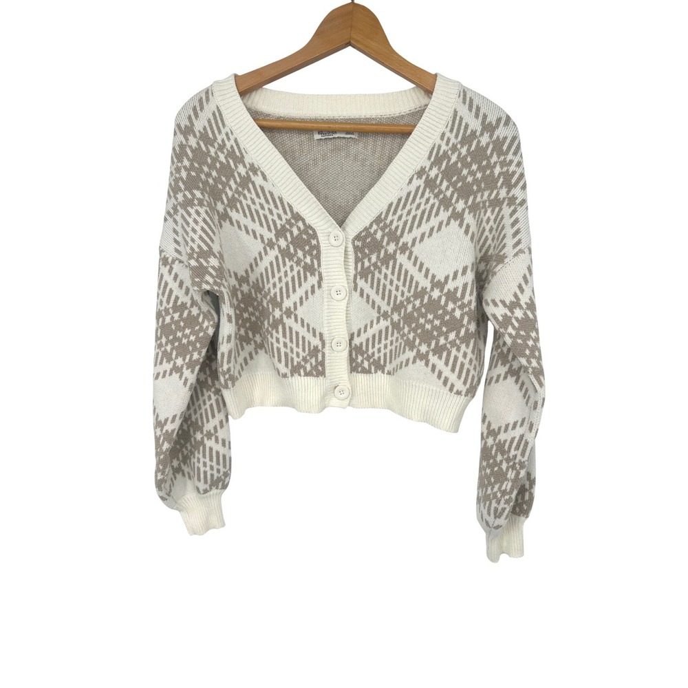 Hollister Button Cardigan Sweater Women XS Plaid Cropped Preppy Academia Neutral